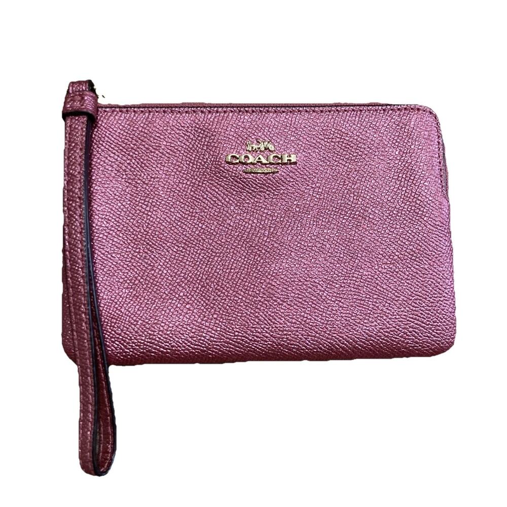 Coach F21070 Crossgrain Metallic Dark Rose Pink Shimmer Leather Wristlet w/ Zip